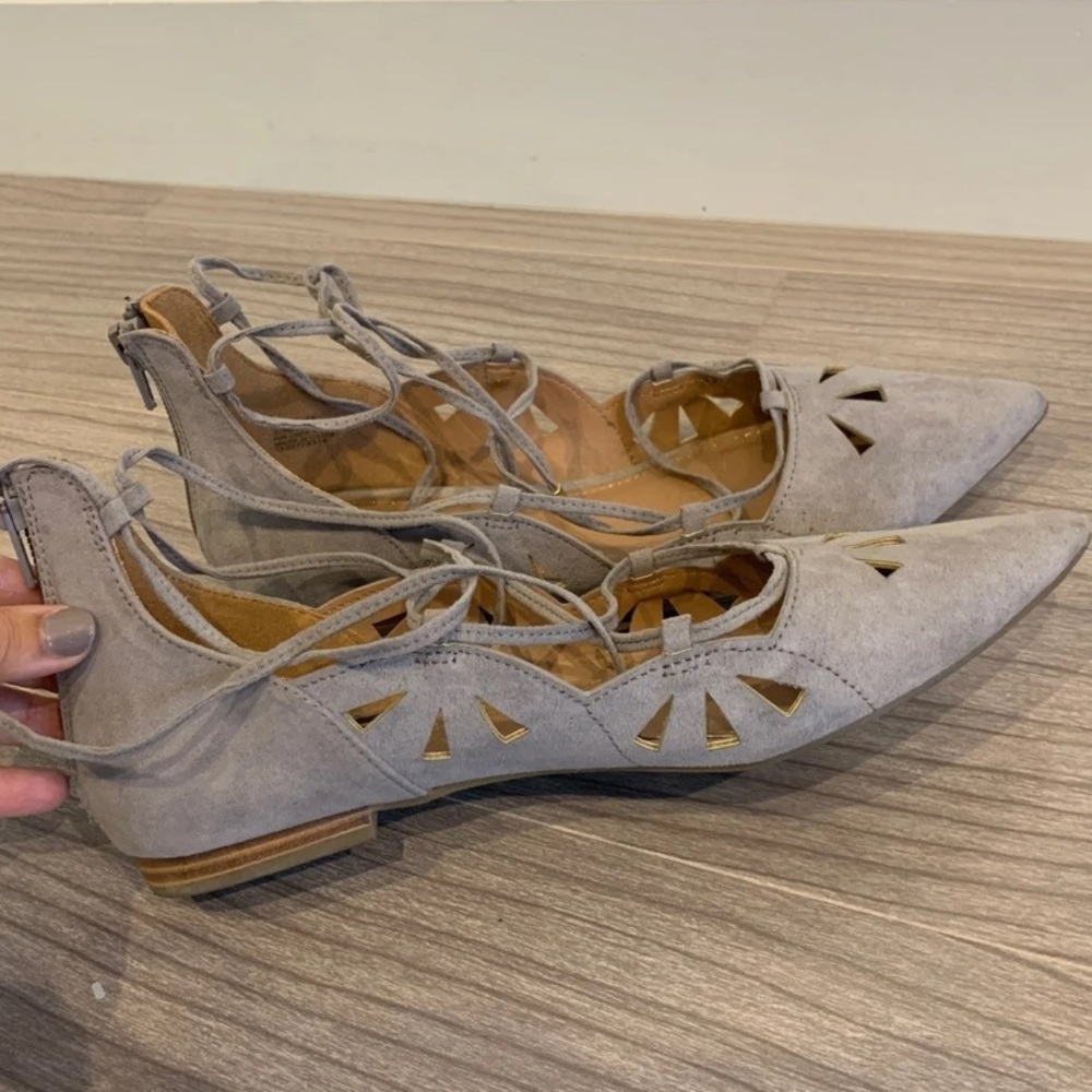 Gray suede tie up flats